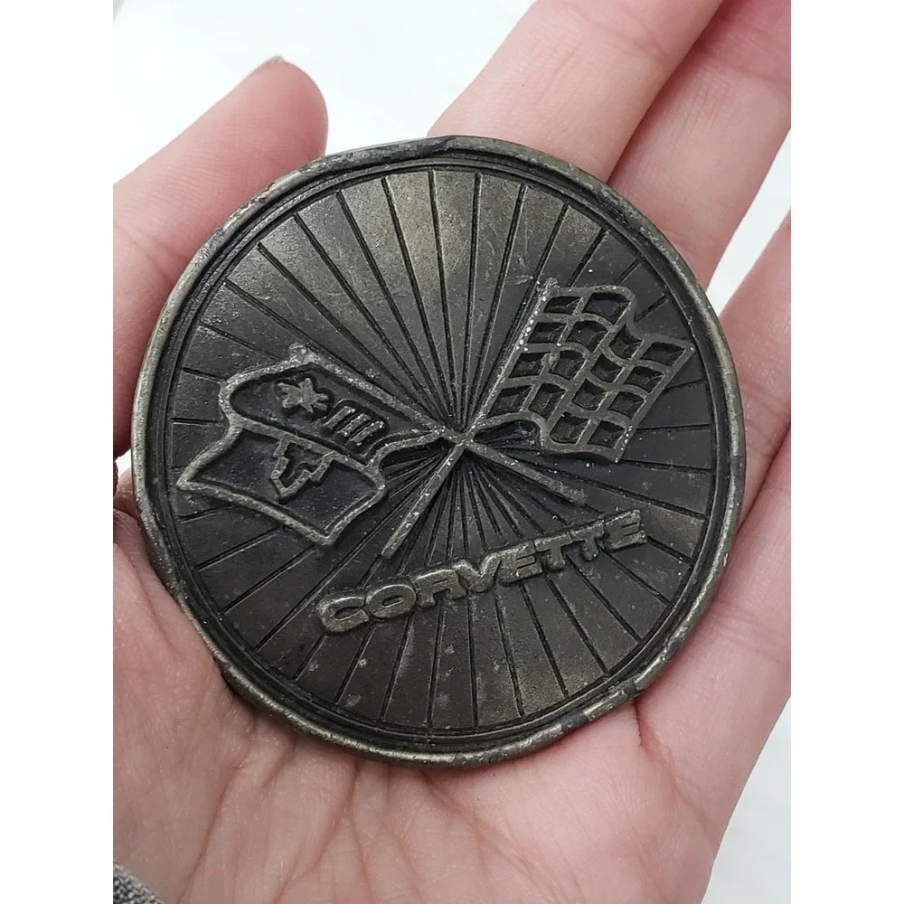 Vintage 1976 Corvette Belt Buckle Flag Logo‎ Round Indiana Metal Craft Car Show
